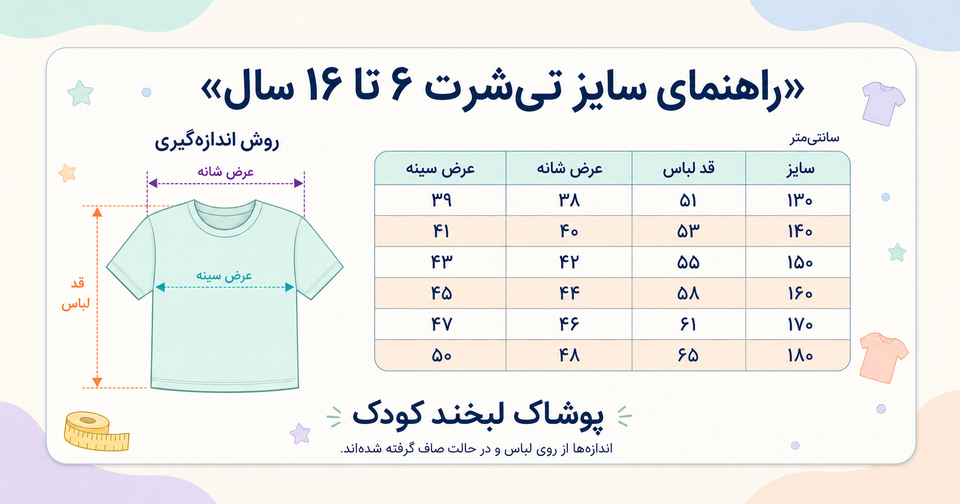 راهنمای انتخاب سایز تیشرت بچهگانه برای سن ۶ تا ۱۶ سال
